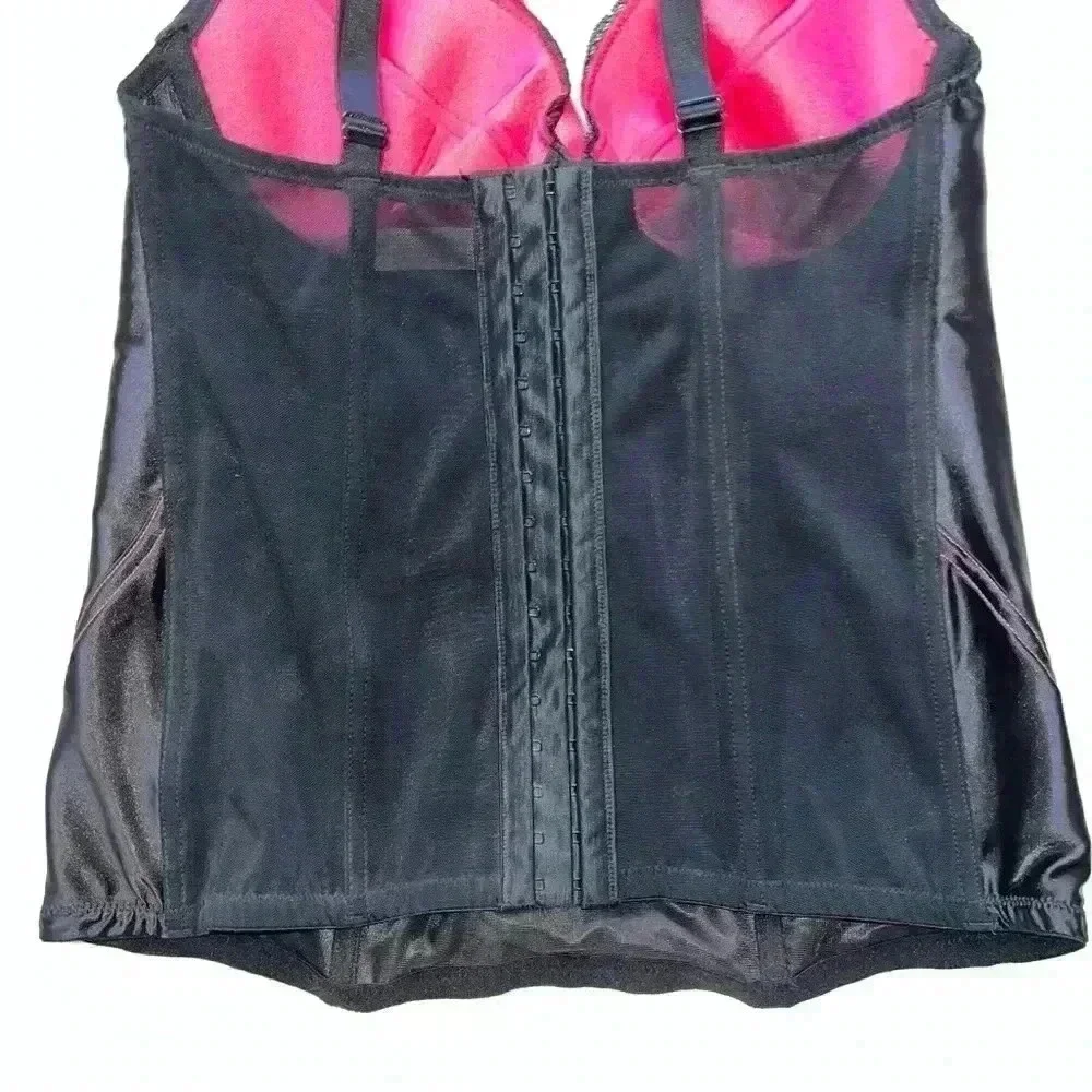 Cacique Corset Top Black Satin Neon Pink with Front Ribbon 14/16